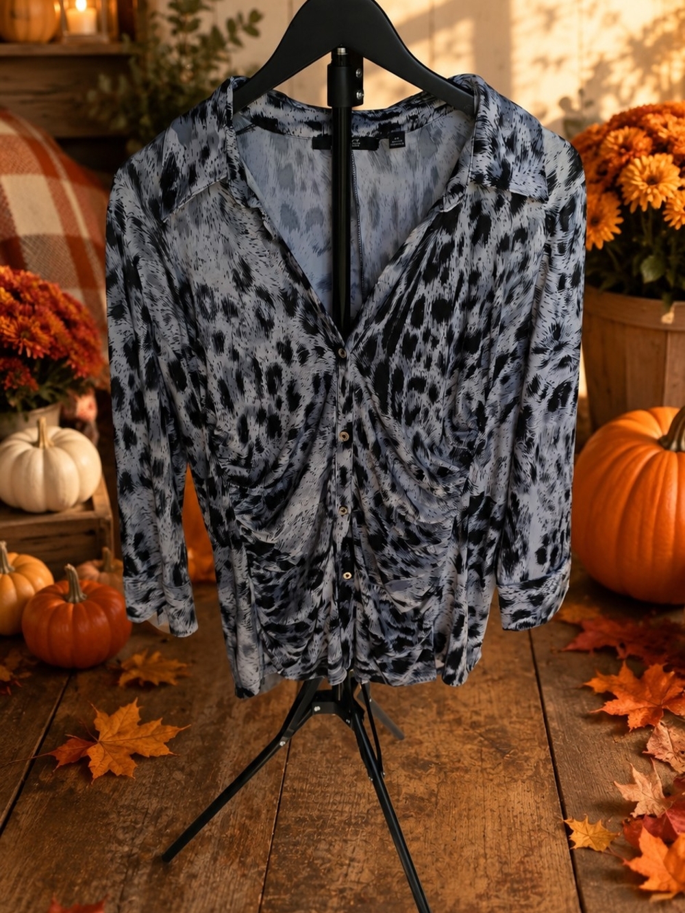 Essentials by Milano Black and Gray Animal-Print Button-Front Blouse